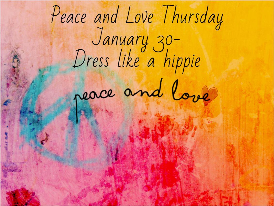 Orange and pink background with heart and "peace an love words"